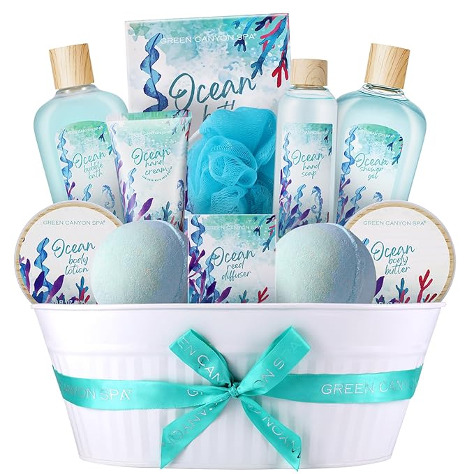 Green Canyon Spa Gift Baskets for Women, Bath and Body Gift Set for Women, 12Pcs Ocean Spa Sets Includes Bubble Bath, Body Lotion,Mothers Day Gifts for Her,Spa Baskets-Velvo Beauty