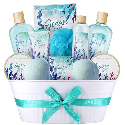 Green Canyon Spa Gift Baskets for Women, Bath and Body Gift Set for Women, 12Pcs Ocean Spa Sets Includes Bubble Bath, Body Lotion,Mothers Day Gifts for Her,Spa Baskets-Velvo Beauty