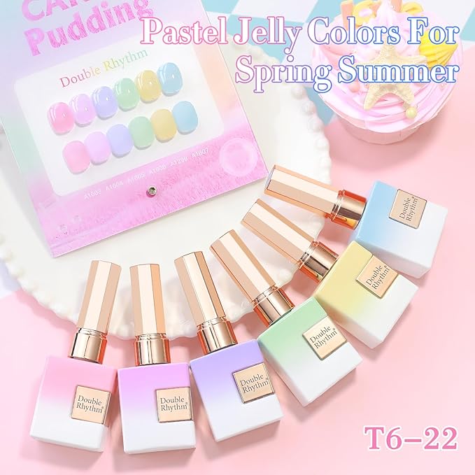 Double Rhythm 6 Pcs 15 ML Gel Polish Set Same Color Same Bottle Soak Off Gel Polish Kit Nail Art Manicure Salon DIY at Home for Women (Jelly Pink Purple Green Yellow Blue-T6-22)-Velvo Beauty