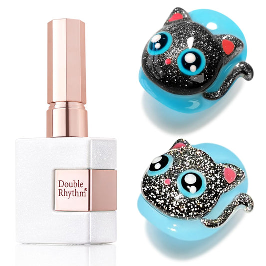 Double Rhythm Jelly Glass Cat Eye Gel Polish with Magnet 15ML Holographic Glitter Shimmer Translucent Sheer Color Magnetic Nail Polish Salon DIY at Home (Black Glitter-MC1061)-Velvo Beauty