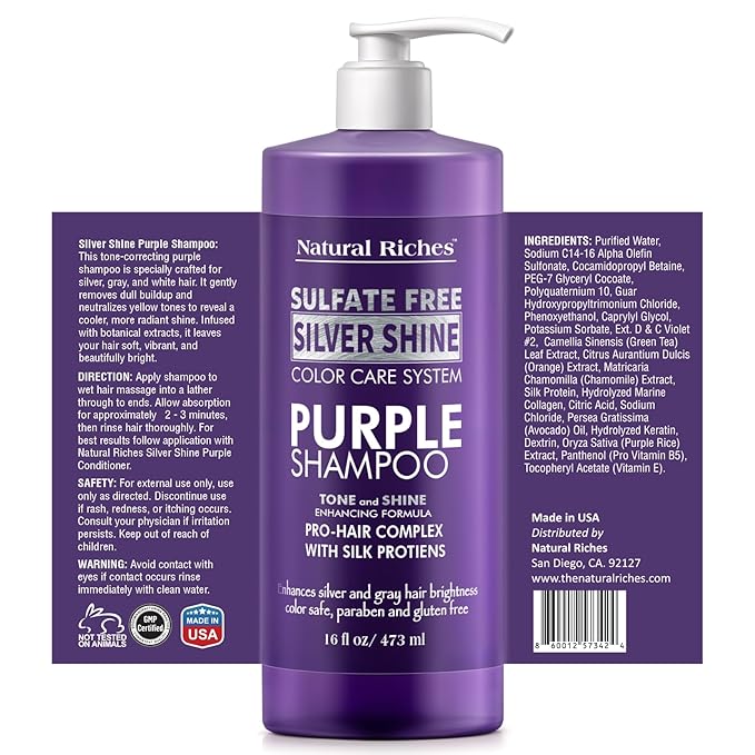 Natural Riches Radiant Silver Shine Purple Shampoo and Conditioner Set for Gray Hair - Paraben-Free and Color Safe – With Silk Proteins, Tones Dull Hair, Softens & Adds Shine - 16 fl oz-Velvo Beauty