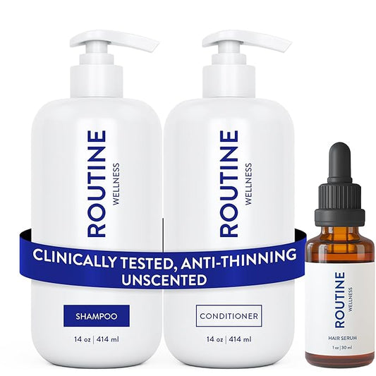 Routine Wellness Shampoo and Conditioner Set and Hair Serum for Thinning Hair - DHT Blocker Women & Men - Color Safe Shampoo for Hair Loss & Hair Growth - Unscented Set + Serum-Velvo Beauty