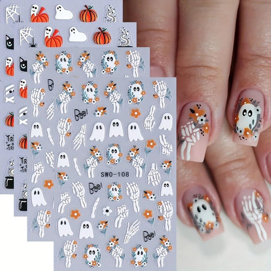 4 Sheets Halloween Nail Stickers for Nail Art Scary Black Cat Mummy Spider Web Nail Art Stickers 5D Spider Pumpkin Nail Decals Self-Adhesive Ghost Skeleton Nail Supplies for Women Nails Decoration-Velvo Beauty