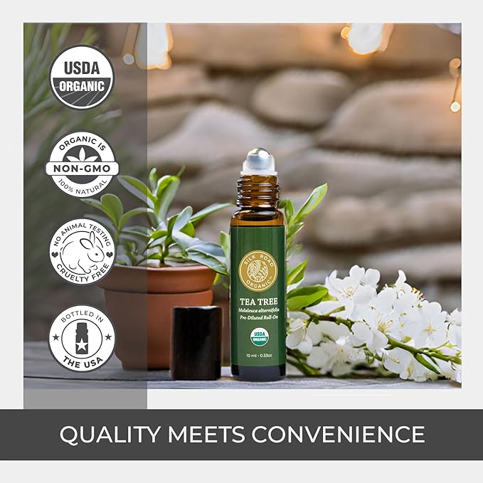 Silk Road Organic Tea Tree Essential Oil Roll On, 100% Pure USDA Certified – Healthy Skin, Toenails, Feet, Body Odor - 10 ml Roller - Always Pure, Always Organic-Velvo Beauty