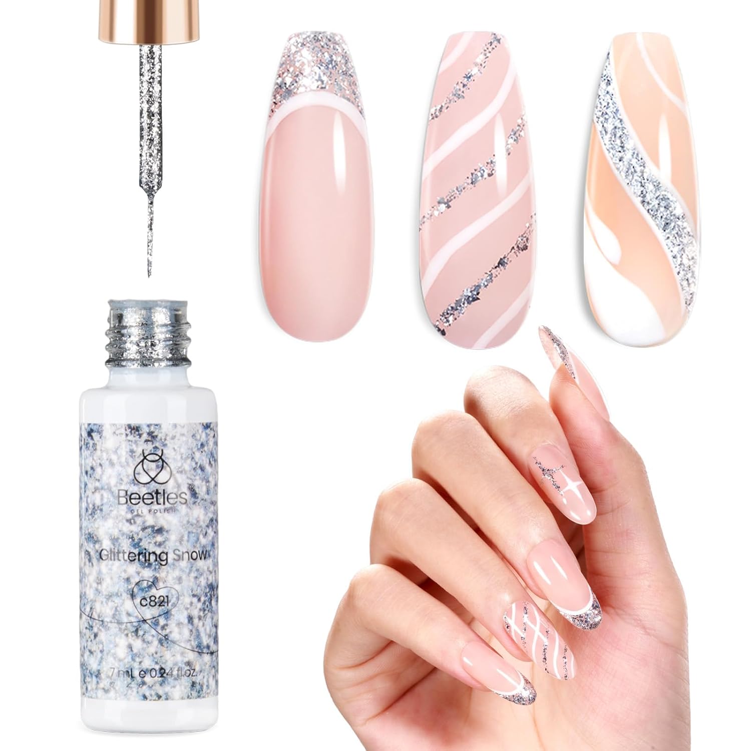 beetles Gel Polish Silver Glitter Gel Polish 1pcs 7ml Reflective Silver Glitter Liner Gel Polish for Gel Art Paint Sparkly Shiny Gel Nail Polish Liner for Women-Velvo Beauty
