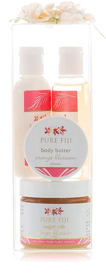 Pure Fiji Spa Gifts for Women and Man - Body Gift Box Include: Sugar Scrub, Bath and Body Oil, Body Butter and Body Lotion, Scent Orange Blossom-Velvo Beauty