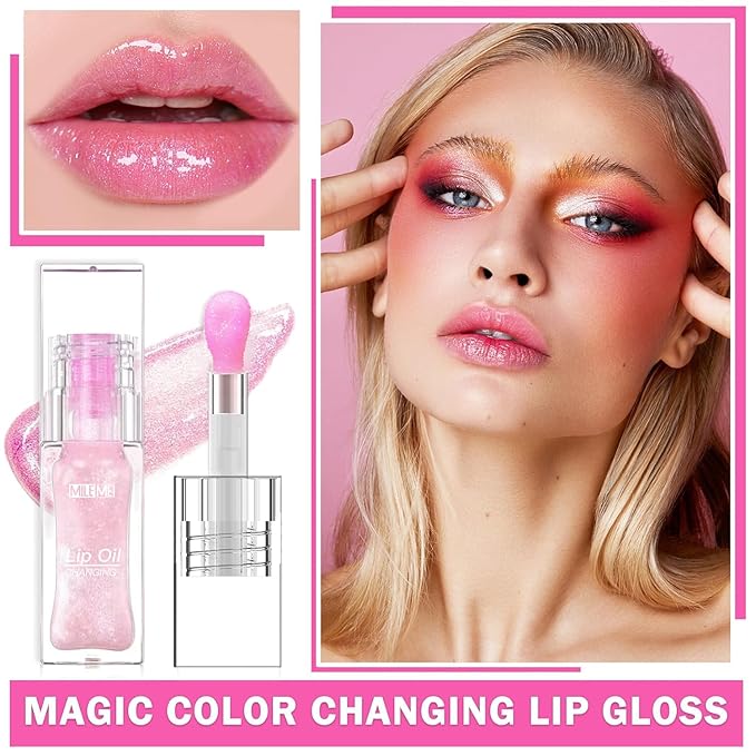 2PCS/Set MILEMEI Color Changing Lip Oil Magic Moisturizing, Big Brush Plumping Lip Oil, Plumping Glimmer Glow-Velvo Beauty