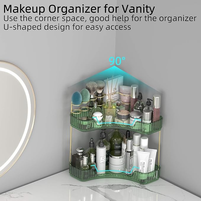 2 Tier Corner Bathroom Organizer Countertop, Vanity Makeup Organizer with Brush Holder, Space-Saving Skincare Storage Corner Shelf for Bathroom, Dressing Table, Kitchen-Velvo Beauty