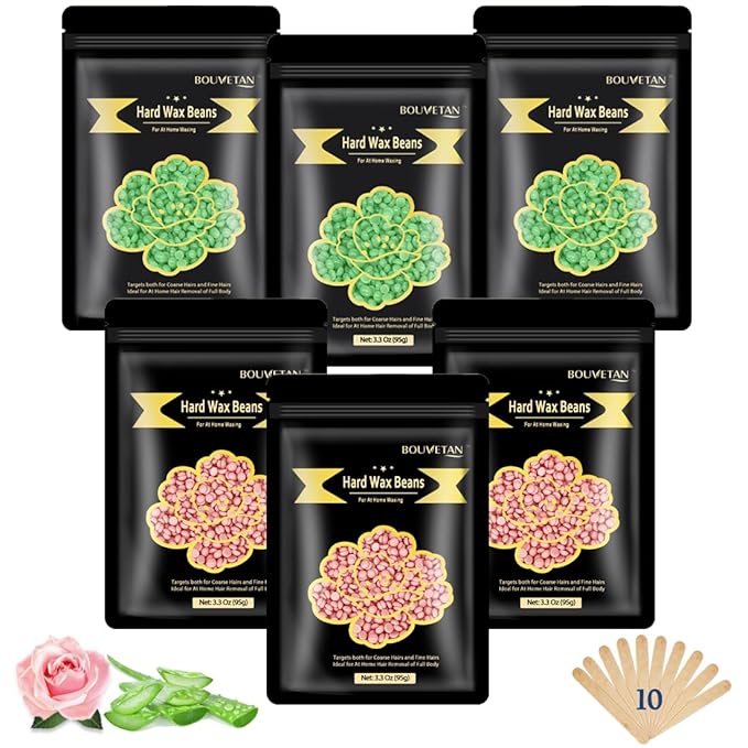 Wax Beads for Hair Removal, Bouvetan 1.3Lb/21oz Hard Wax Beans for Brazilian Waxing, Hard Wax for Eyebrow, Face, Bikini, Legs, Arms for Women Men Hair Removal with 10pcs Spatulas, 6 Packs-Velvo Beauty