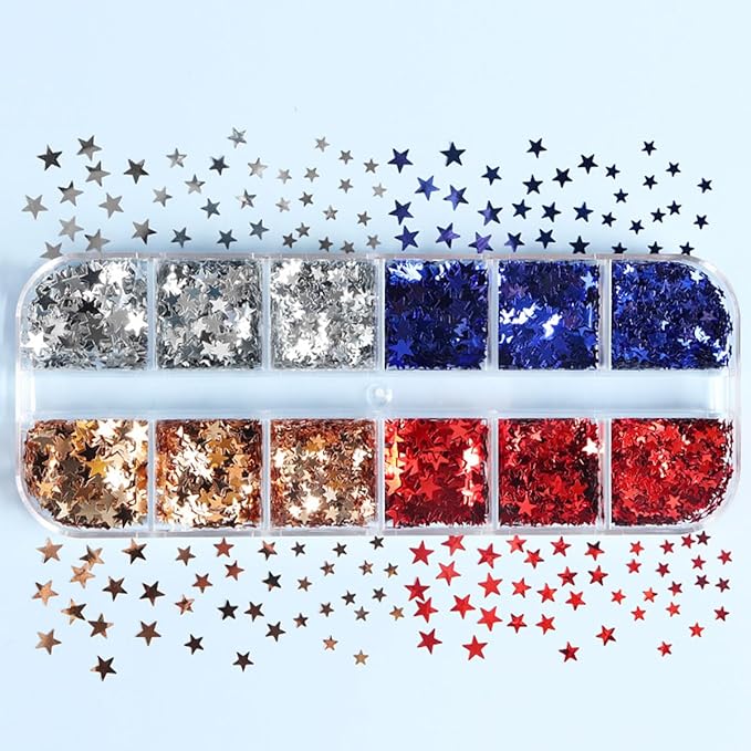 12 Grid July 4th Nail Art Glitter Sequins Independence Day Star Nail Decal Gold Glitter Flakes for Women-Velvo Beauty
