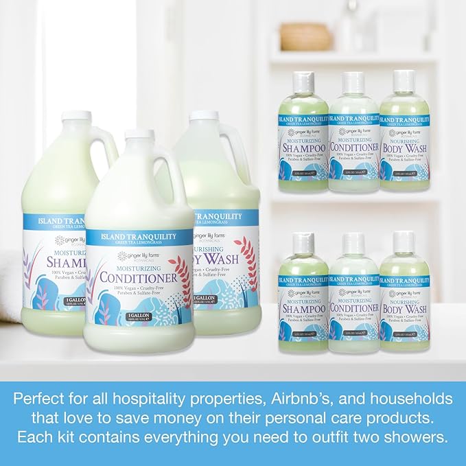 Ginger Lily Farms Botanicals Hospitality Kit, Island Tranquility, 9-Pc Set Includes Shampoo, Conditioner & Body Wash, 100% Vegan & Cruelty-Free, Green Tea Lemongrass Scent-Velvo Beauty