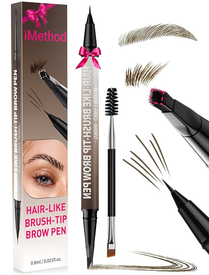 iMethod Eyebrow Pen - Eyebrow Pencil,2-in-1 Eyeliner Dual-Ended Microblading Eyebrow Pencil Long Lasting Waterproof Hair-Like Brow Pencil,with Eyebrow Brush,Eyebrow Pencils for Women,Brown-Velvo Beauty
