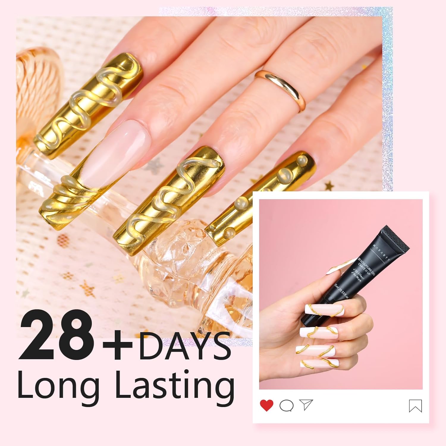 Makartt 3D Gel Nail Art with Gold Chrome Nail Powder Kit: Clear Molding Gel for Nail Art 15g Sculpting Glue Polish and Metallic Effect Mirror Powder Set for Nail Decoration Manicure Charms-Velvo Beauty