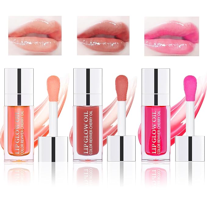 3PCS Lip Oil Set, Hydrating Lip Glow Oil Lip Plumper Gloss, Tinted Lip Oils Transparent Long Lasting Non-sticky Lip Gloss, Plumping Lip Gloss Lip Care Kit (Pink & Rosewood & Cherry)-Velvo Beauty