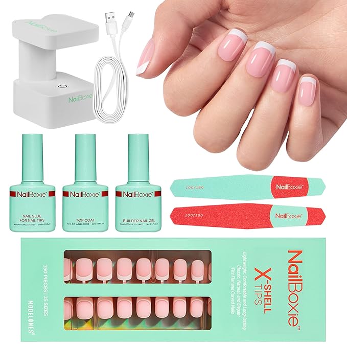 Modelones Gel Nail Kit, Top Coat, Nail Builder Gel, Press On Nails Kit with LED Light, 150 PCS Short Pink Square, 15 Sizes French Tip Press on Nails, Pre-Colored Nail Tips for Easy DIY Nail Art-Velvo Beauty