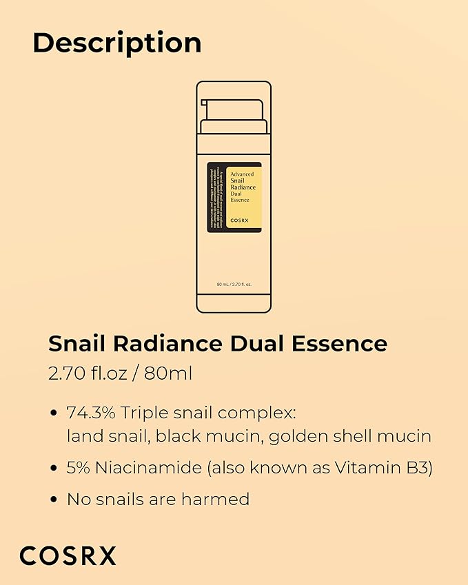 COSRX Niacinamide 5% + Snail Mucin 74% Dual Essence, Anti aging Face Serum for Dull Skin, Hydrating, Brightening, Repairing, 2.70 fl.oz / 80ml, Sensitive Skin, Not Tested on Animals, Korean Skincare-Velvo Beauty