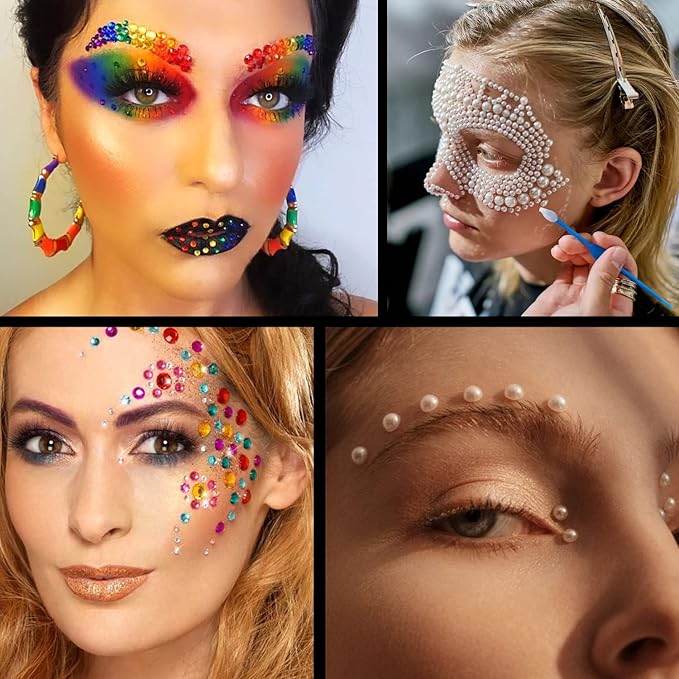 Flat Back Rhinestone+Half Round Pearl Kits Colorful Rhinestones+White&Beige Pearls With Quick Dry Makeup Glue+Picker Pencil+Tweezer For Nail Art And Face Make-up-Velvo Beauty