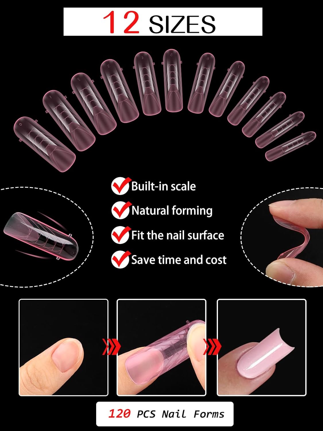 EBANKU Dual Nail Forms for Poly Extension Gel, 120 PCS Pink Nail Molds Reusable 12 Sizes Nail Extension Forms for Builder Gel Manicure Design Salon DIY-Velvo Beauty