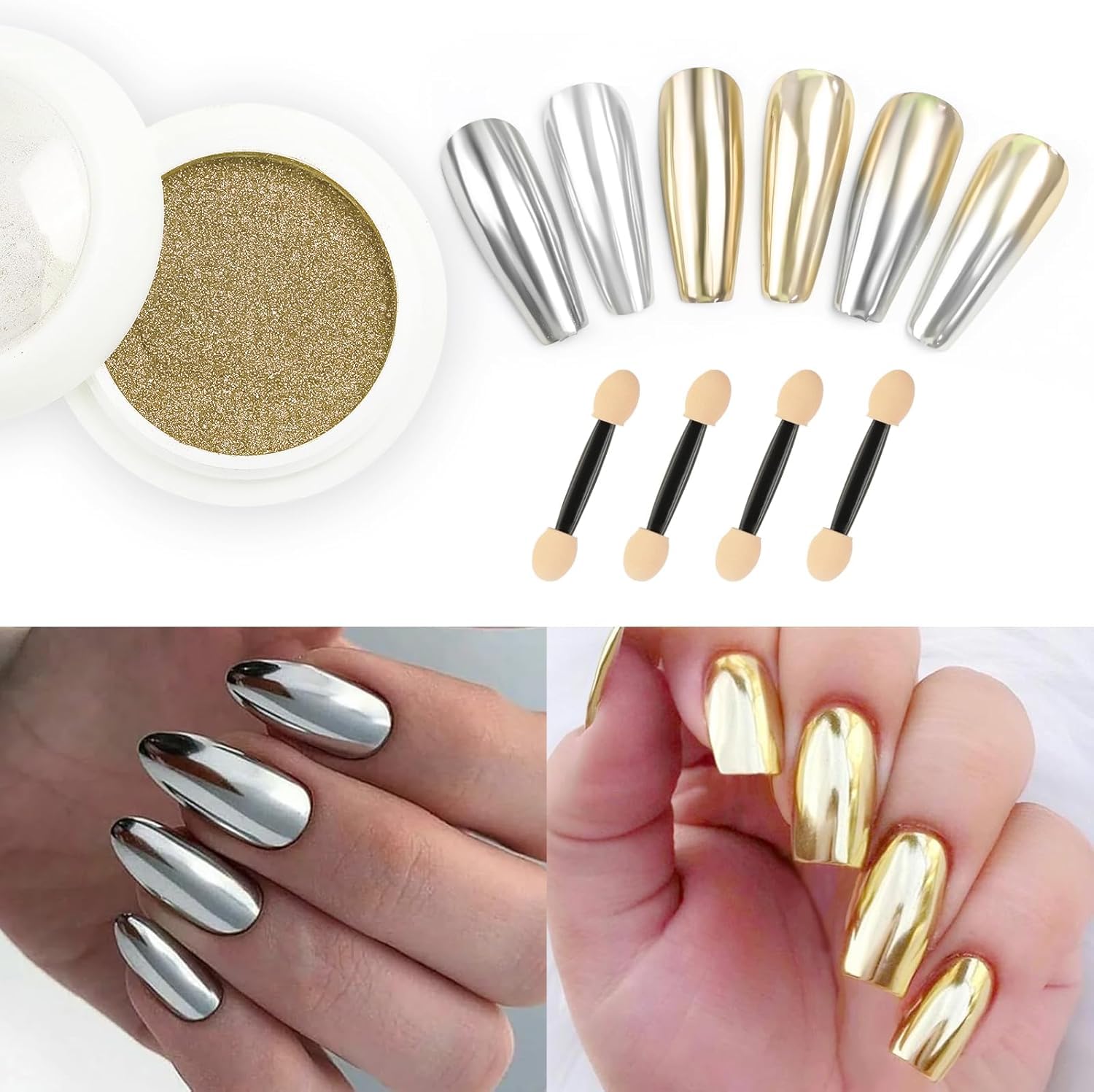 2 Jars Chrome Nail Powder：Mirror Effect Gold Chrome Nail Powder,Metallic Mirror Silver Chrome Powders Decoration for DIY Nail Art,Pigment Holo chrome powder with 4 Eyeshadow Sticks-Velvo Beauty