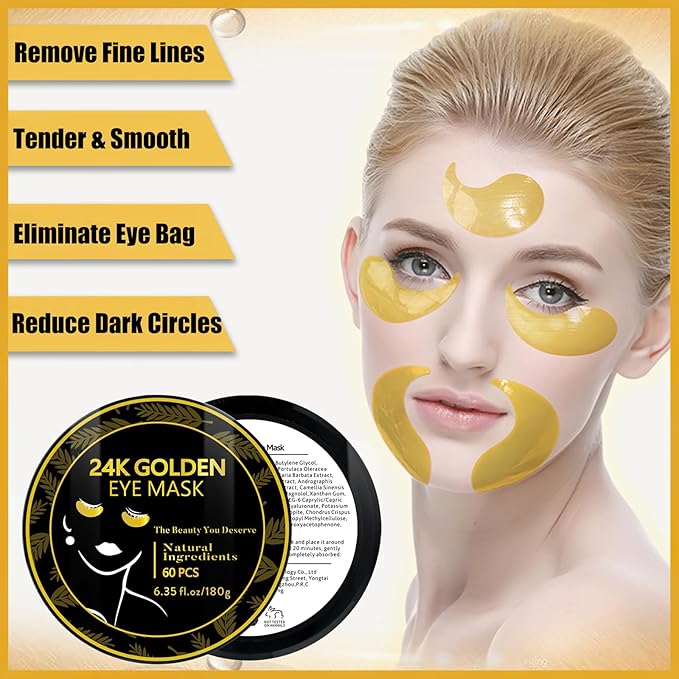 60 Pcs Under Eye Patches, 24K Gold Eye Masks, Collagen Anti Aging Eye Gel Pads, Moisturizing Eye Treatment for Puffy Eyes, Dark Circles, Wrinkles, Fine Lines, 24K GOLDEN-Velvo Beauty