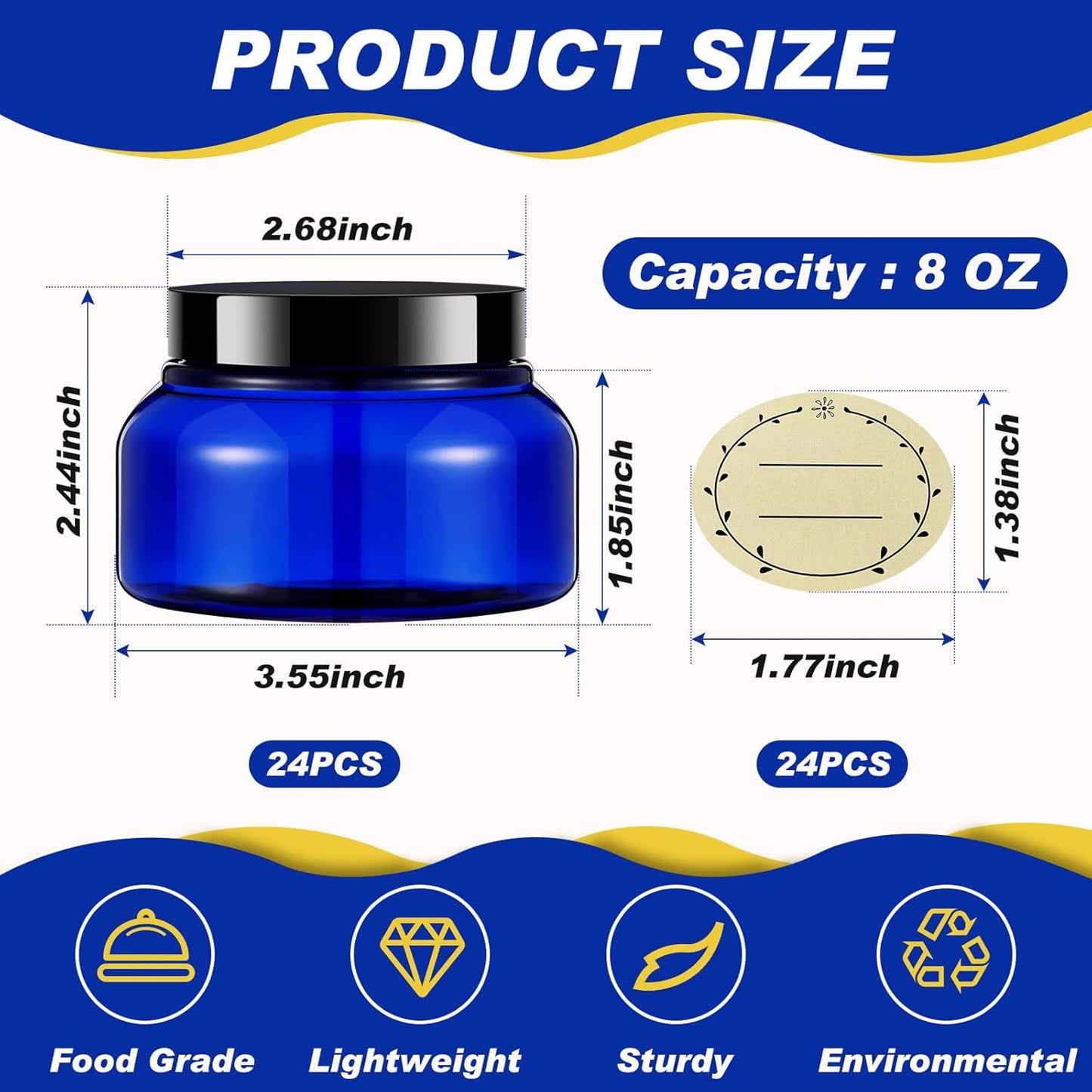 Tessco 24 Pack Plastic Jars with Lids Labels Empty Clear Plastic Jars Round Refillable Cosmetic Containers Body Butter Containers Bulk Sugar Scrub Bottle for Make Up(8 oz,Blue, Black)-Velvo Beauty
