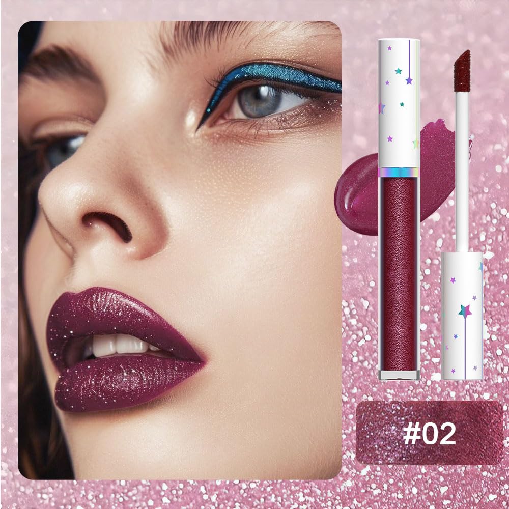 evpct 1Pcs Dark Wine Red Metallic Shimmer Glitter Lip Gloss Liquid Lipstick Long Lasting Waterproof 24, Glitter Pearlescent Metallic Sparkly Liquid Lipsticks Lip Stains Makeup Set for Women 02-Velvo Beauty