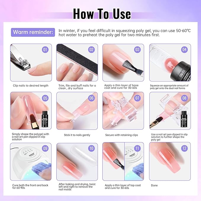 JEWHITENY Poly Gel Nail Kit 14 Colors - Yellow Nude Pink Blue Purple Glitter Tones Starter Kit with UV Lamp Base & Top Coat All-in-One Gift for Women Need U V Light Curing-Velvo Beauty