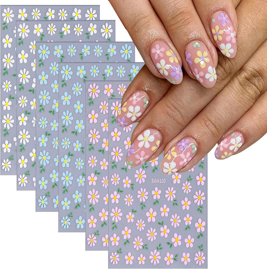6 Sheets Flower Nail Art Stickers Daisy Nail Art Decals 3D Self-Adhesive Spring Nails Sticker Holographic Pink Blue White Blossom Nails Decal Decoration for Women Floral Manicure Supplies-Velvo Beauty