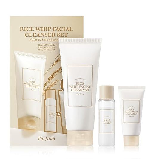 I'm from Rice Whip Facial Cleanser Set, 3 pcs Gift, Travel Kit with Rice Face Wash 5.07 fl oz & 1.01 fl oz & Rice Toner 1.01 fl oz, low-pH Rice Water Face Wash for sensitive, dry skin-Velvo Beauty