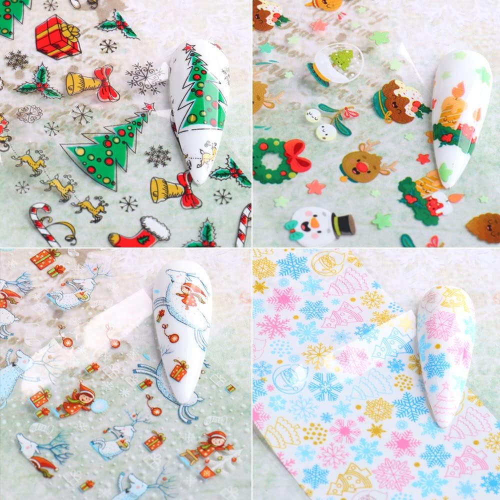 Christmas Nail Stickers Decals Nail Foil Transfer Sticker 10 Sheets Christmas Santa Tree Snowflake Deer Xmas Holiday Decorations Stickers for Manicure Supplies-Velvo Beauty