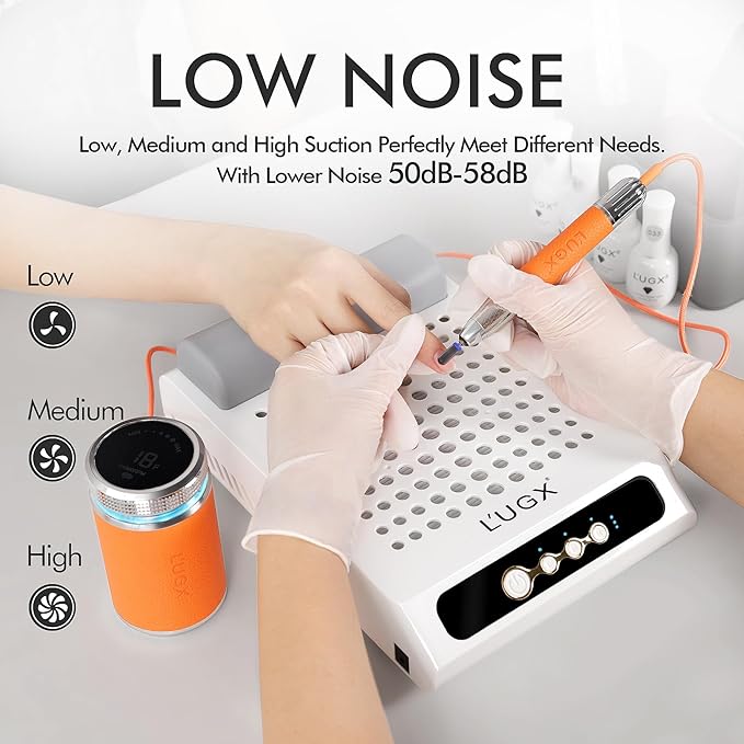 L'UGX Rechargeable Nail Dust Collector with 2 Reusable Filters, Professional 70W Nail Extractor Vacuum Acrylic Nail Dust Cleaner, Perfect for Home Salon Use, Low Noise-Velvo Beauty