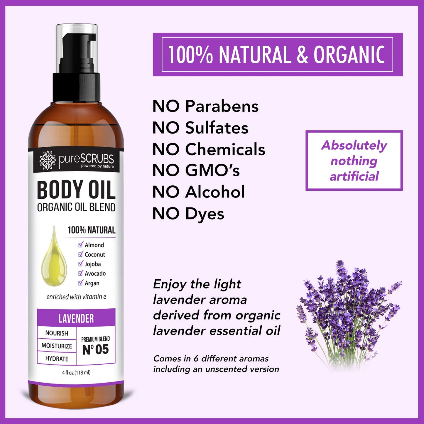 pureSCRUBS Ultra Moisturizing Lavender Body Oil Spray for Dry Skin, Massage, Cuticles & More, Organic Blend of Jojoba, Argan, Coconut, Sweet Almond & Avocado Oils Enriched with Vitamin E, Lg 4oz-Velvo Beauty