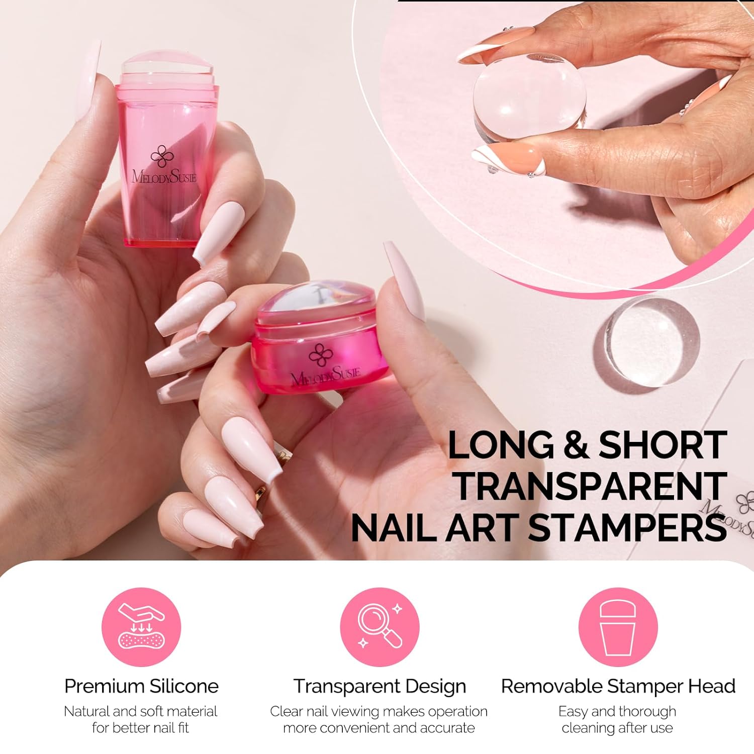 MelodySusie French Nail Stamper Kit, Silicone Stampers with Scrapers, 4PCS Tool for French Manicure DIY Home Nail Design Salon, Pink-Velvo Beauty