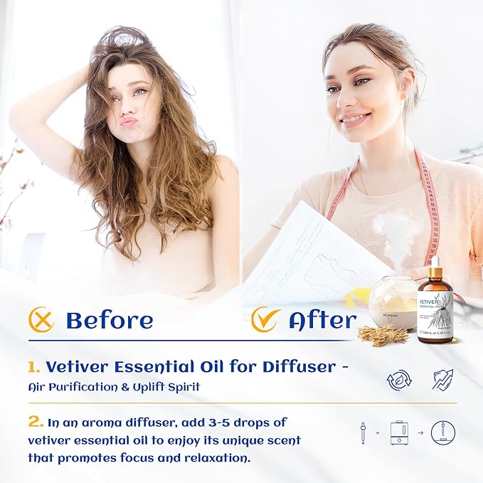 HIQILI 100ML Vetiver Essential Oil, 100% Pure Natural for Diffuser Calm and Relation- 3.38 Fl Oz-Velvo Beauty