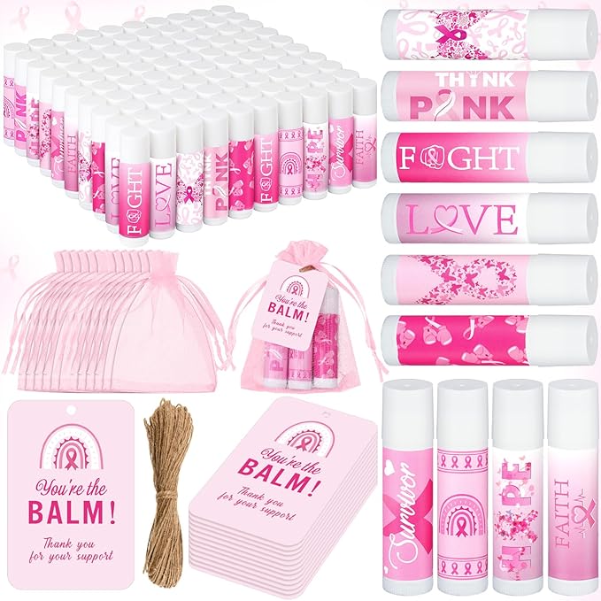 100 Set Pink Ribbon Breast Cancer Awareness Gifts Bulk, 100 Lip Balms, 100 Organza Gift Bags and 100 Tags Perfect for Charity Events, Survivors Awareness Campaigns-Velvo Beauty