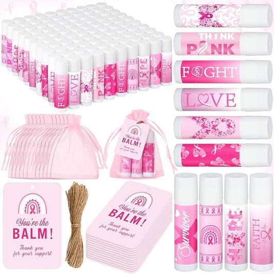 100 Set Pink Ribbon Breast Cancer Awareness Gifts Bulk, 100 Lip Balms, 100 Organza Gift Bags and 100 Tags Perfect for Charity Events, Survivors Awareness Campaigns-Velvo Beauty