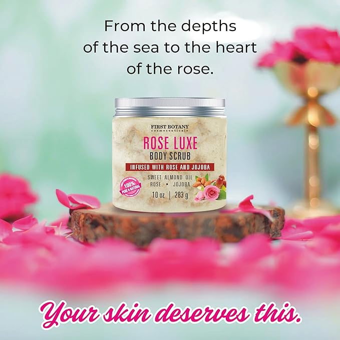 First Botany Body Scrub - Natural Exfoliating Salt Scrub & Body and Face Souffle helps with Moisturizing Skin, Acne, Cellulite, Dead Skin Scars, Wrinkles (10 fl oz, Rose)-Velvo Beauty