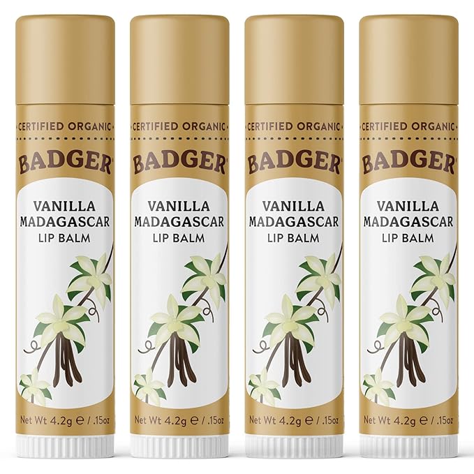 Badger - Classic Lip Balm, Vanilla Madagascar, Made with Organic Olive Oil, Beeswax & Rosemary, Certified Organic, Moisturizing Lip Balm, 0.15 oz (4 Pack)-Velvo Beauty