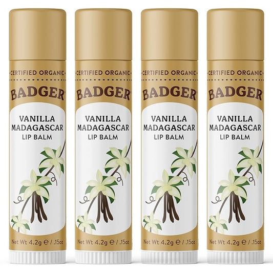 Badger - Classic Lip Balm, Vanilla Madagascar, Made with Organic Olive Oil, Beeswax & Rosemary, Certified Organic, Moisturizing Lip Balm, 0.15 oz (4 Pack)-Velvo Beauty
