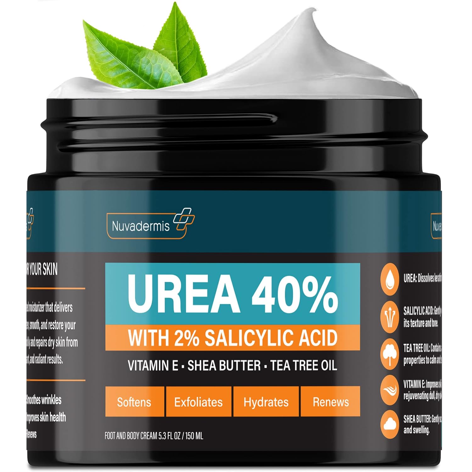 NUVADERMIS Urea Cream 40 Percent for Feet Maximum Strength - 40% Urea Foot Cream for Dry Cracked Heels and Feet - 2% Salicylic Acid, Shea Butter, Tea Tree Oil, Vitamin E - 5.3 fl oz-Velvo Beauty