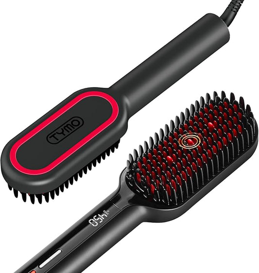 TYMO Hair Straightener Brush - Upgraded Ionic Plus Straightening Brush with Dense Bristles, 16 Temps, Dual Voltage | Ceramic Hot Comb for Women | Flat Iron for Thick Curly Hair, Black-Velvo Beauty