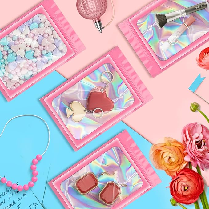 100 Pack Holographic Bags, Resealable Bags Packaging Bag with Clear Window Resealable Odor Foil Pouch for Food Storage, Lipgloss&Jewelry Lash Packaging(Pink, 2.4 x 3.9 Inch)-Velvo Beauty