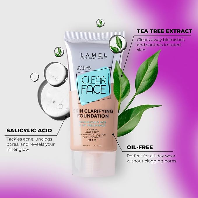 Lamel - Oh my Clear Face Foundation-404 Custard | Contains tea tree extract and salicylic acid |Controls sebum production |Anti-blemish formula |Oil free foundation | 40ml-Velvo Beauty