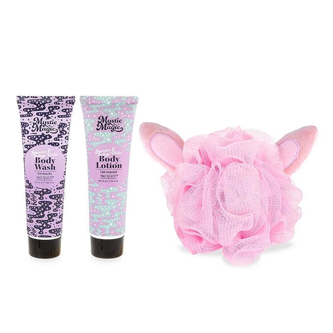 MAD BEAUTY Mystic Magic Rabbit in the Hat Body Trio, 3-in-1 Bath Kit: Exfoliating Loofah, Body Lotion, & Body Wash, Gorgeous Jasmine & Indigo Violet, Relax & Unwind, Great Self-Care Gift Set-Velvo Beauty