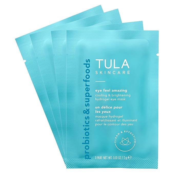 TULA Skin Care Eye Feel Amazing Cooling & Brightening Hydrogel Eye Masks - Fights Puffiness & Soothes Undereyes, Contains Hyaluronic Acid & Niacinamide, Caffeine & Chamomile, 4 packettes, 0.10 oz.-Velvo Beauty