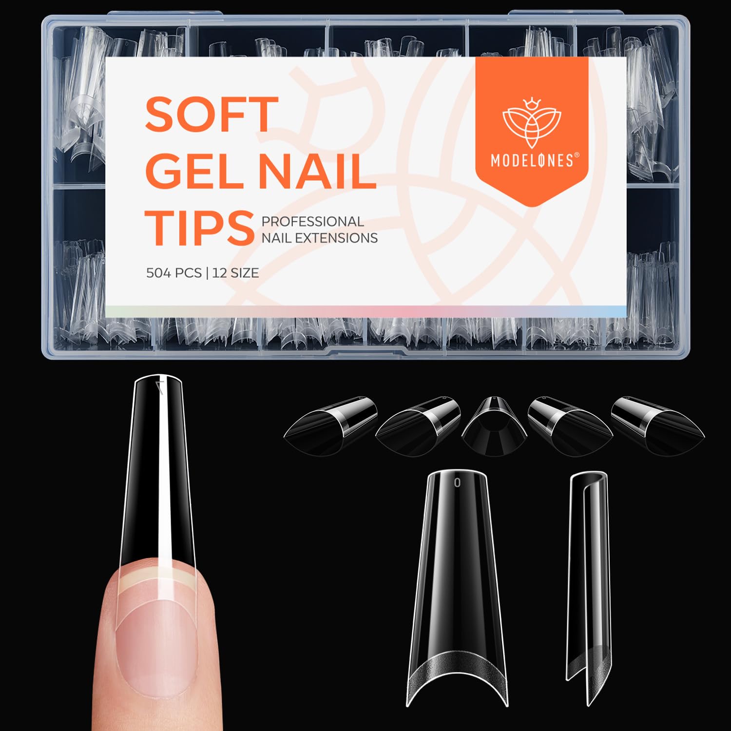 modelones Long Coffin French Nail Tips, 504 PCS No C Curve Pre-shaped Clear Acrylic Fake Nails Tips Gel Half Cover 12 Sizes with Box-Velvo Beauty