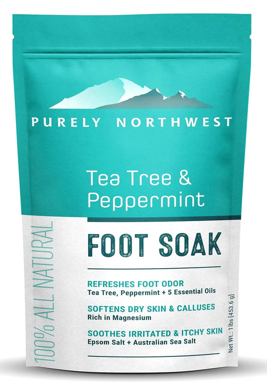Epsom Salt Tea Tree Foot Soak-Toenail Repair, Softens Thick Calluses & Corns, Stubborn Foot Odor, Athletes Foot Burning & Itching, Damaged Discolored Nails: Purely Northwest USA 16 ounces/1Lb-Velvo Beauty