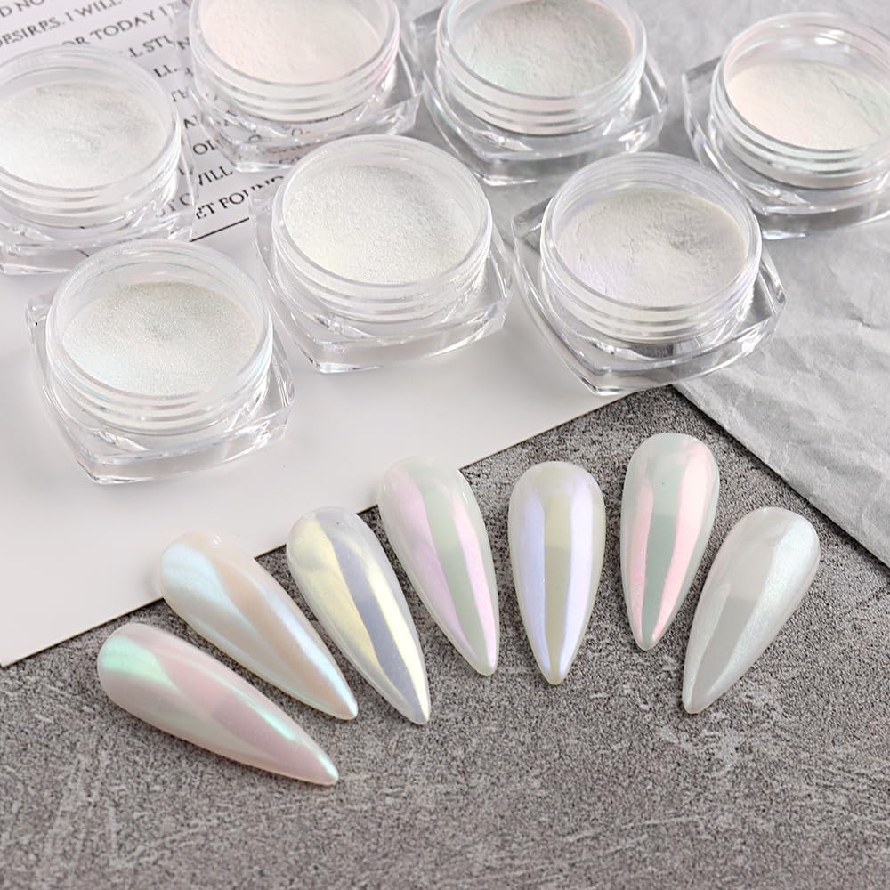 7 Colors Pearl Chrome Nail Powder,Aurora Mermaid Iridescent Powder Set, Metallic Mirror Effect Glitters Pigment for Gel Polish Nail Art Decorations-Velvo Beauty