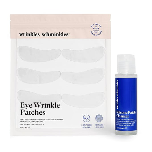 Wrinkles Schminkles Under Eye Wrinkle Starter Pack - Set of Reusable Under Eye Wrinkle Patches (3 pairs) + Silicone Patch Cleanser (2 oz) for Smoother Under Eyes & Fresh Look-Velvo Beauty