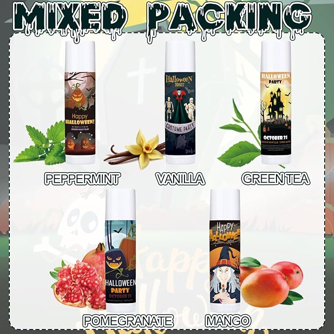 Dunzy 50 Pcs Halloween Lip Balm Bulk Spooky Lip Balm Gifts Bulk Vintage Halloween Wedding Favors Halloween Stuffers for Adults Halloween Party Supplies for Baby Shower, 10 Style, 5 Fruit Flavors-Velvo Beauty